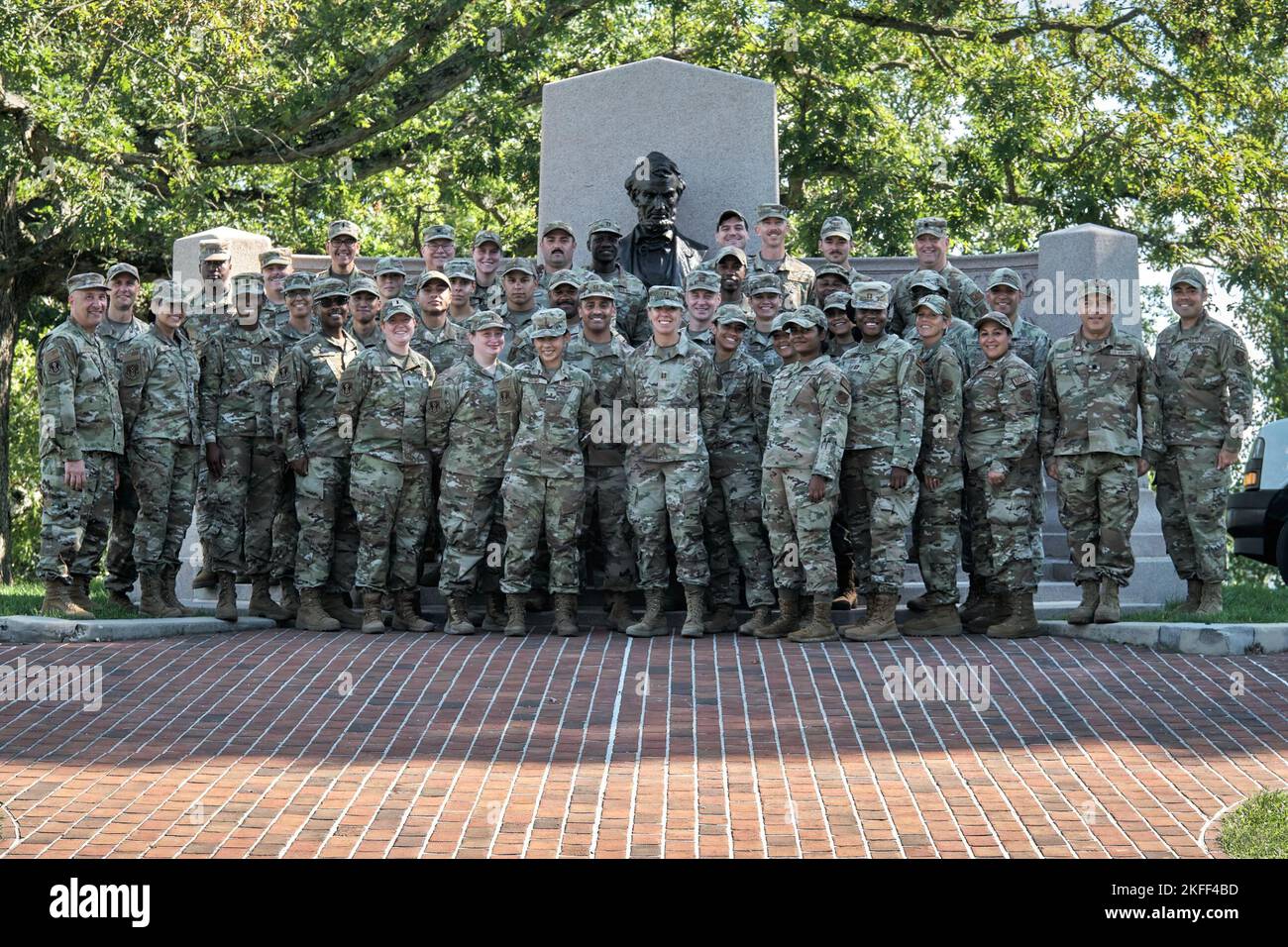 A group photo of the 105th Medical Group, New York National Guard (NYNG) CBRN Task Force Medical Element at Gettysburg, Pennsylvania, after completing a NYNG joint training exercise and external evaluation of the CBRN Task Force and Homeland Response Force for FEMA Region II, in Fort Indiantown Gap, Pennsylvania, September 13, 2022. Stock Photo