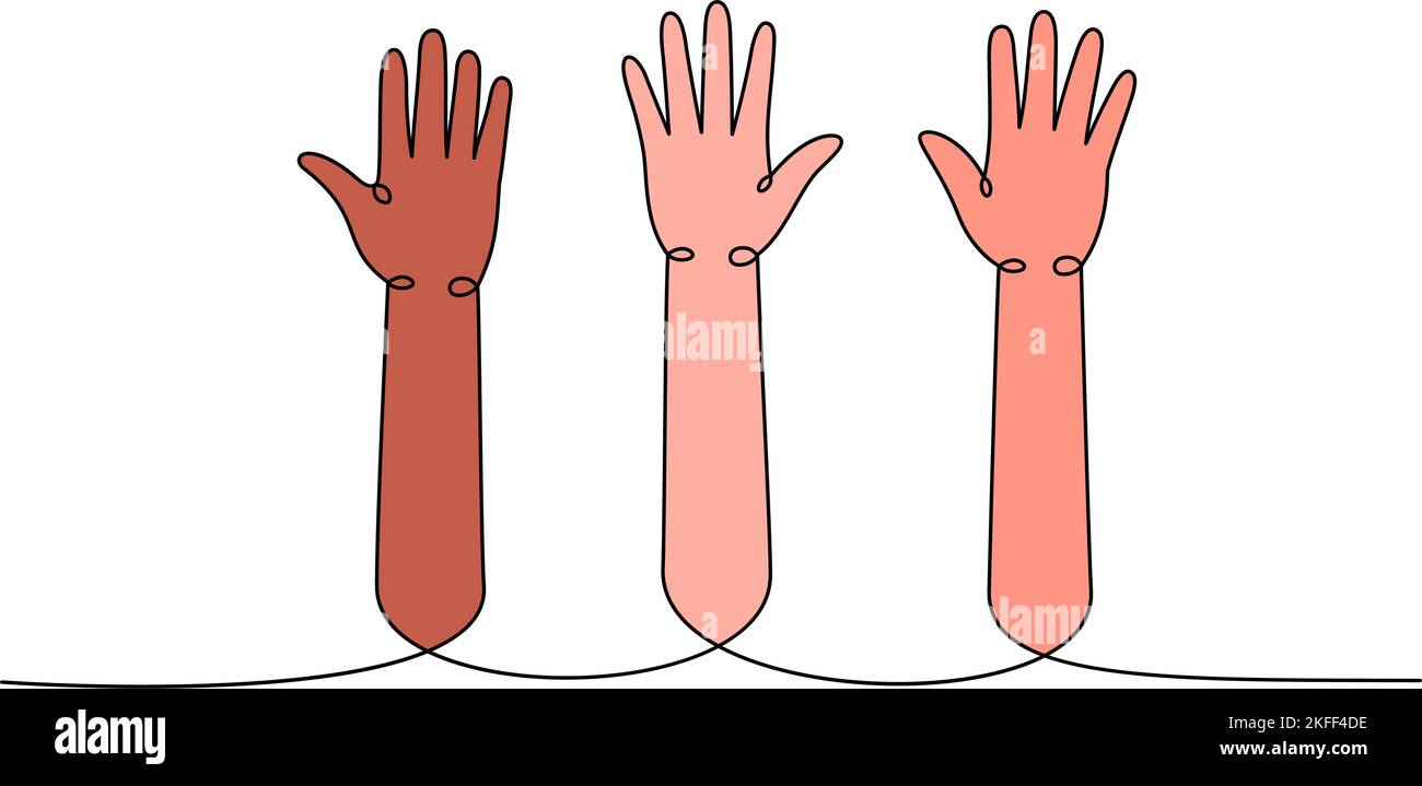 Hands raised up one line colored continuous drawing. Applaud hands ...