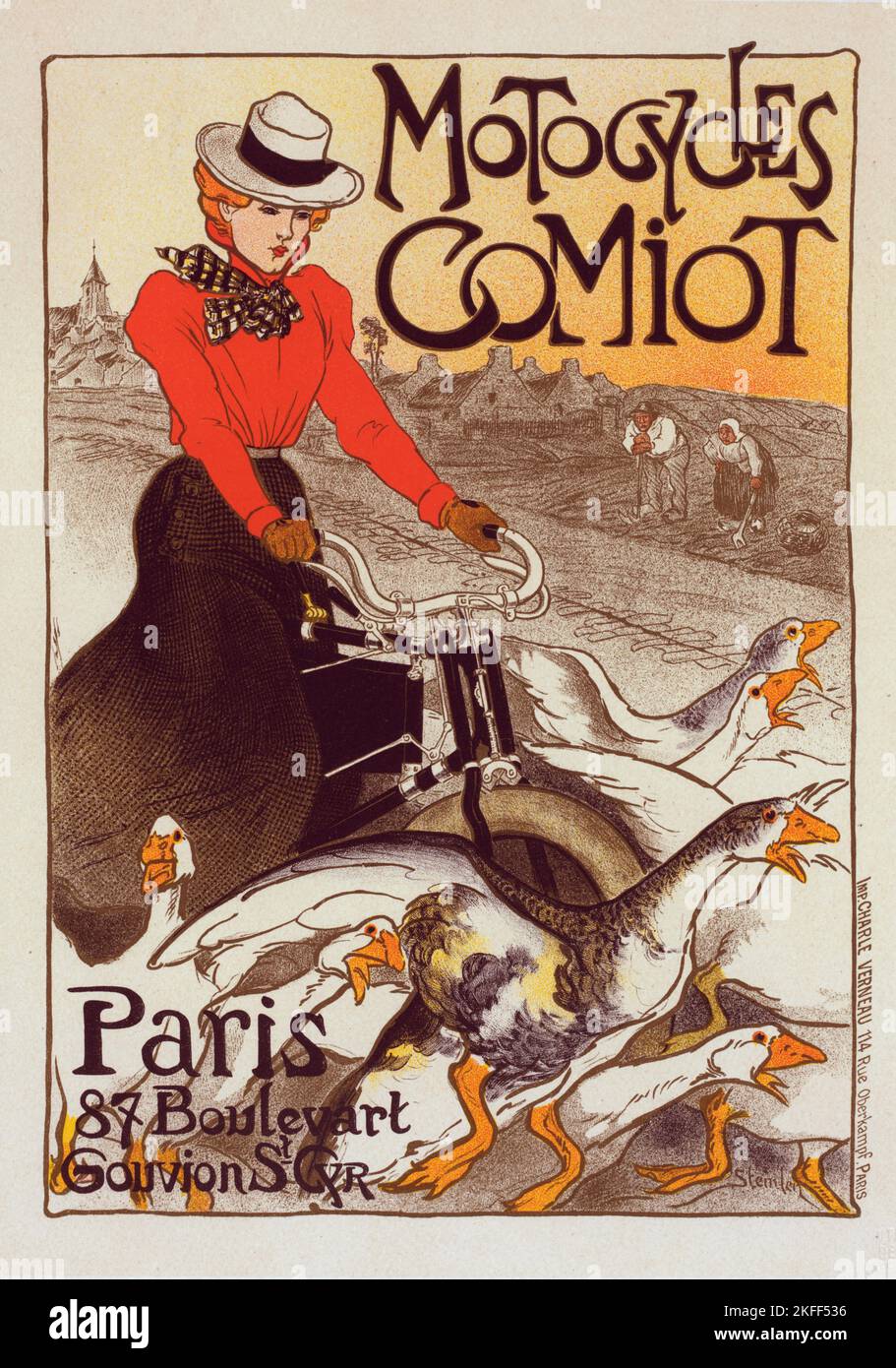 Affiche pour les &quot;Motocycles Comiot&quot;., c1899. [Publisher: Imprimerie Chaix; Place: Paris] Stock Photo