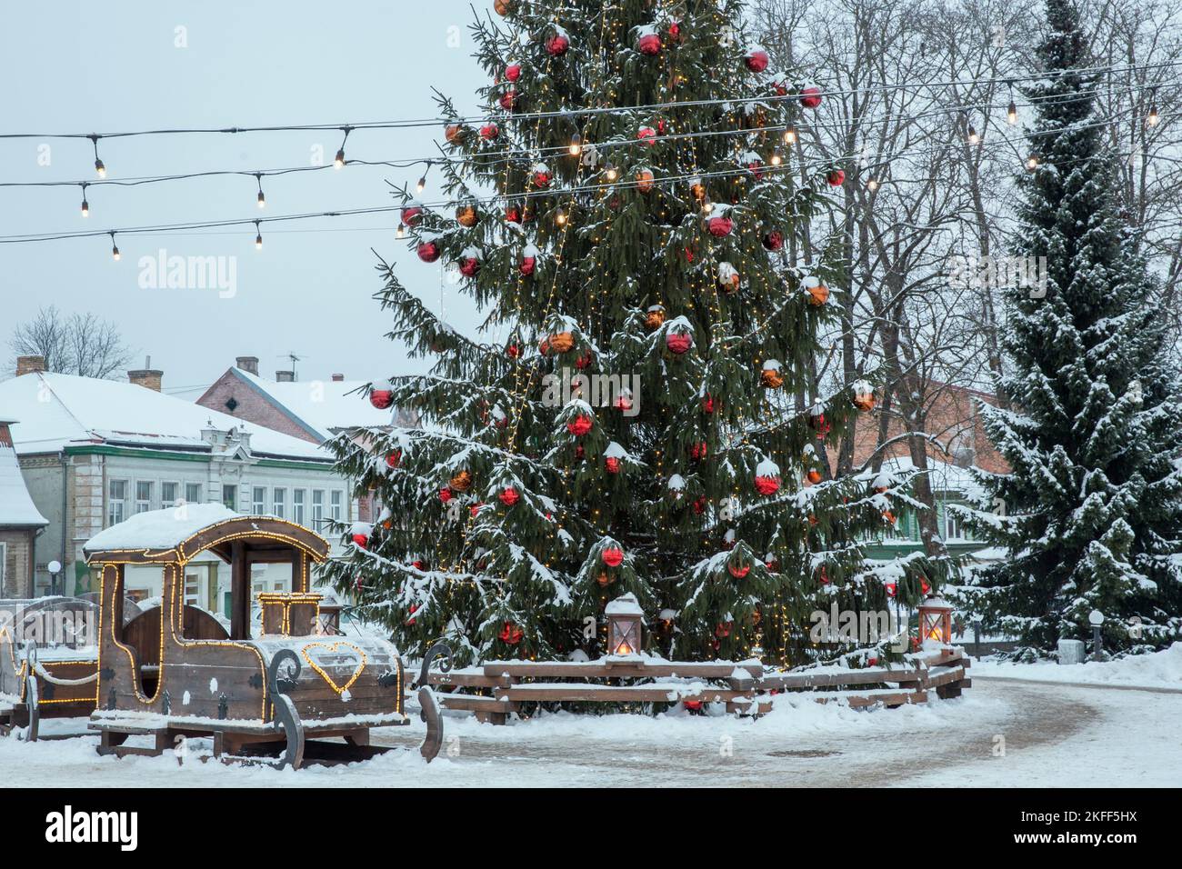 Christmas tree and Christmas lights in a small town in Latvia, Europe. Stock Photo