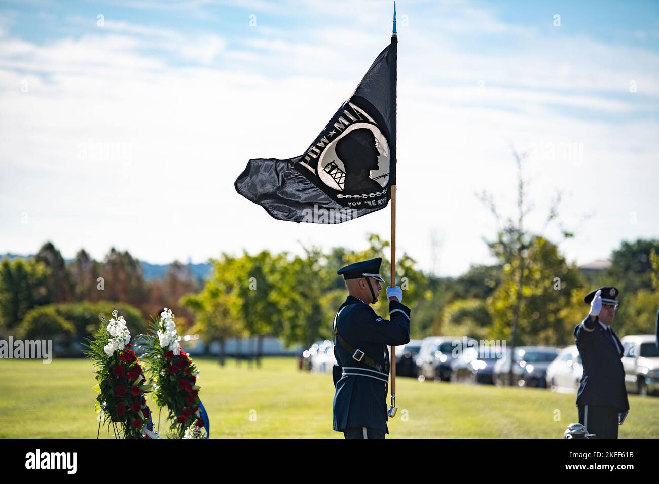 The U.S. Air Force Honor Guard, the U.S. Air Force Ceremonial Brass Band, and the 3d U.S. Infantry Regiment (The Old Guard) Caisson Platoon conduct military funeral honors with funeral escort for U.S. Air Force Maj. Gen. Cuthbert Pattillo and Lt. Gen. Charles Pattillo in Section 75 of Arlington National Cemetery, Arlington, Va., Sept. 14, 2022.    Twin brothers, Maj. Gen. and Lt. Gen. Pattillo enlisted in the U.S. Army Air Forces in November 1942. During World War II, both flew with the Eighth Air Force’s 352nd Fighter Group, protecting bombers and attacking ground targets. Maj. Gen. Pattillo Stock Photo