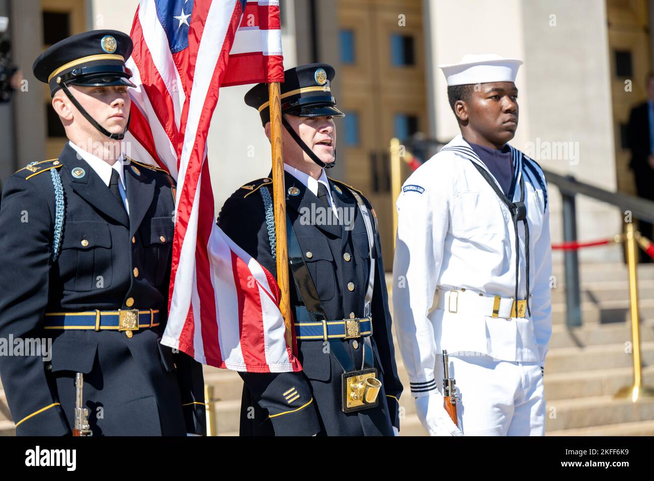 Members of the Joint Honor Guard take part in honor cordon ceremony as ...