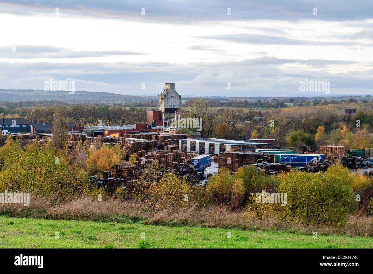 Industrial landscape in northern England with pallet yard and remains