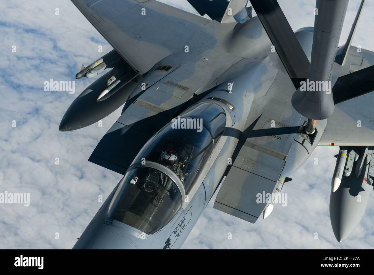 A U.S. Air Force F-15C Eagle from the 142nd Fighter Wing, Portland Air National Guard, gets refueled by a KC-135 Stratotanker from the 92nd Air Refueling Wing, Fairchild Air Force Base, during North American Aerospace Defense Command’s (NORAD) Operation Noble Defender (OND) over Canada's Pacific Coast near Vancouver Island, Sept. 14, 2022. NORAD and U.S. Northern Command are committed to deterring threats to U.S. interests and stability in the Arctic. Stock Photo