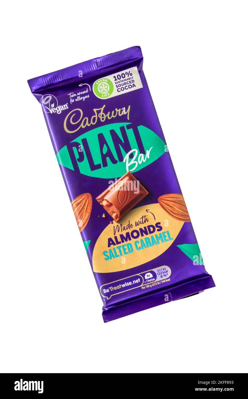 Almond and Salted Caramel Cadbury Plant vegan chocolate bar. Stock Photo