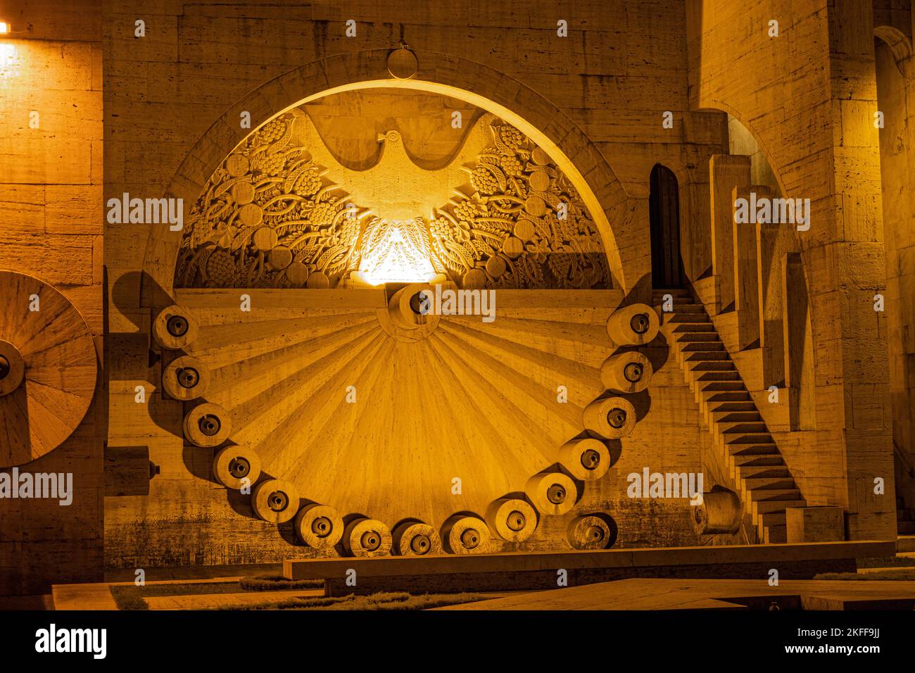 Yerevan, Armenia - October 27, 2022: Illuminated sculpture of a bird with wide-spread wings, in the middle of Cascade, in the evening Stock Photo