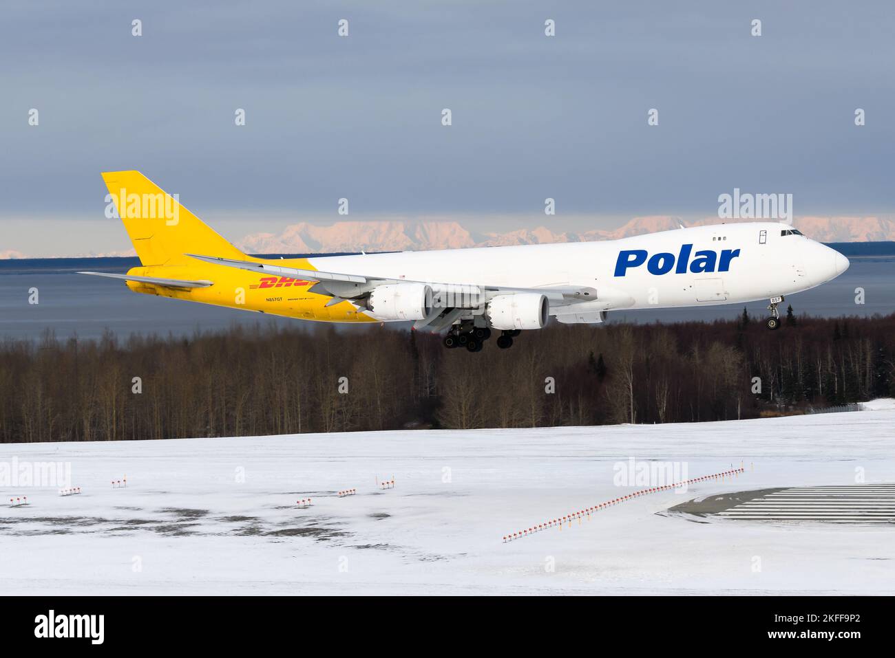 Polar Air Cargo Boeing 747-8F aircraft arriving at Anchorage Airport. Airplane 747-8 for cargo transport of Polar Air landing. Plane N857GT. Stock Photo