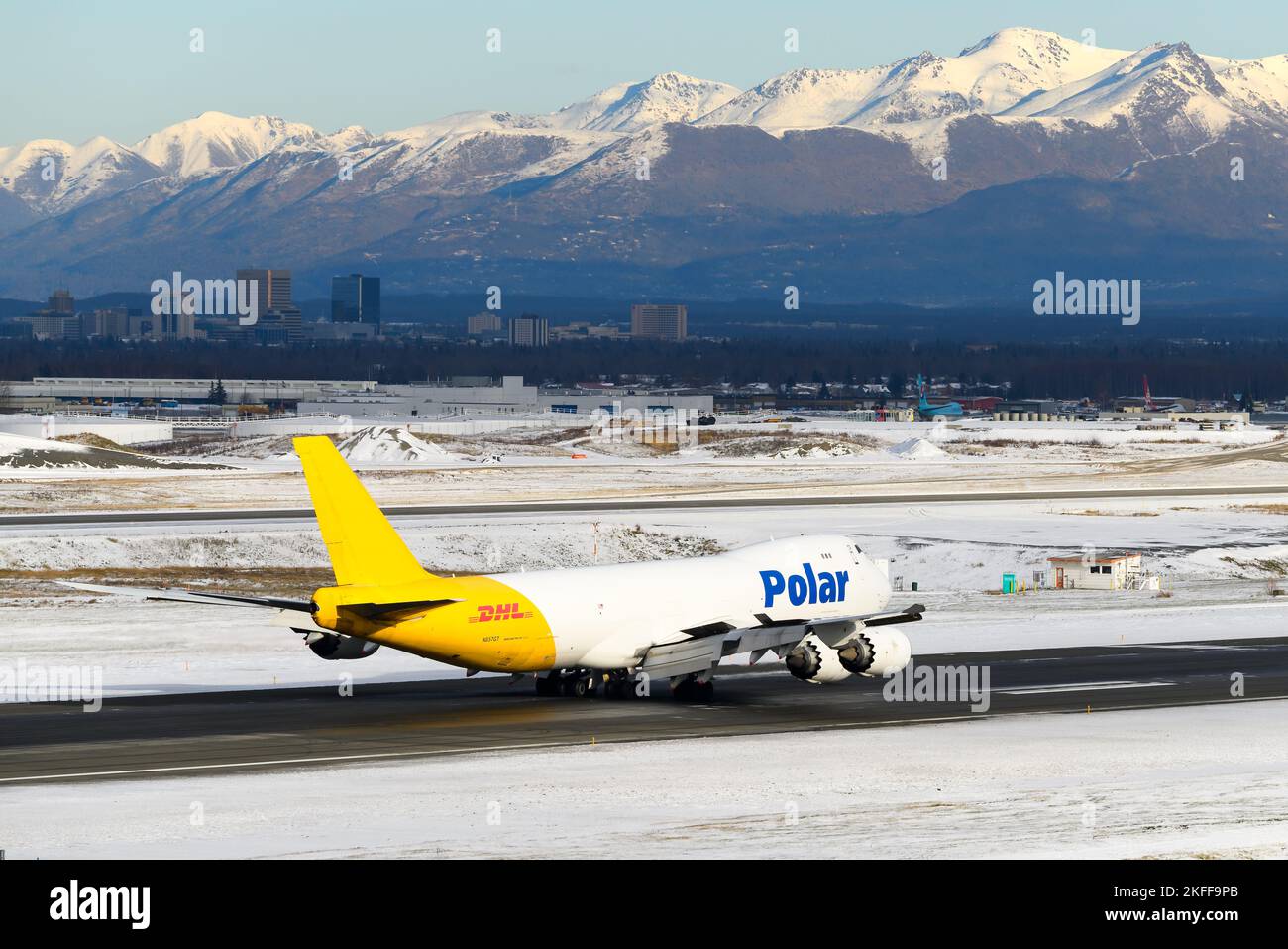 Polar Air Cargo Boeing 747-8F airplane landing at Anchorage Ted Stevens Airport. Aircraft 747-8 for cargo transport of Polar Air at ANC. Plane N857GT. Stock Photo