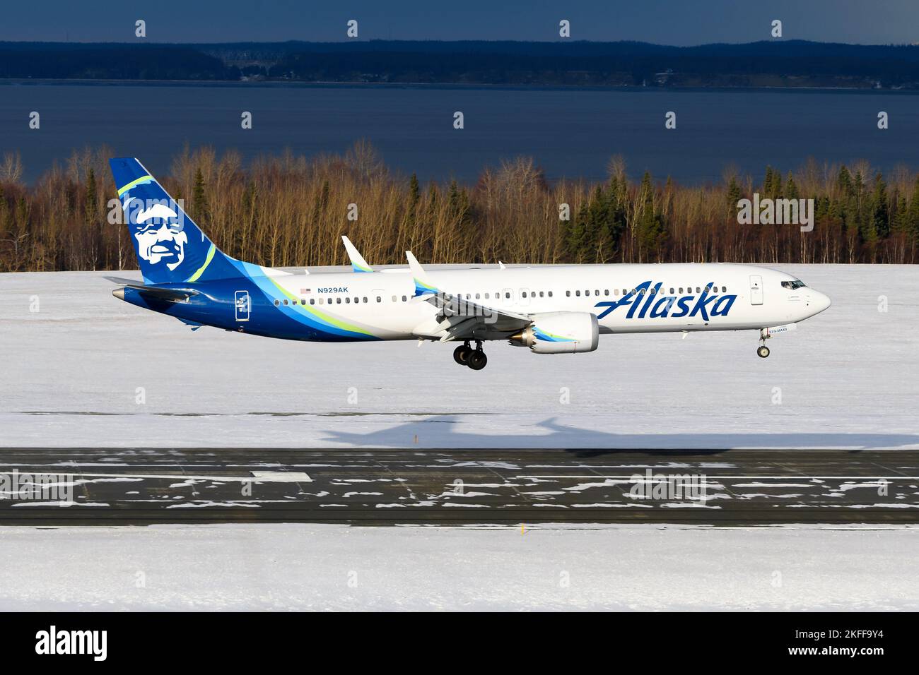 Alaska Airlines Boeing 737-9 Max aircraft landing at Anchorage Airport, Alaska, USA. Boeing 737 Max of Alaska Airlines. Airplane N929AK. Stock Photo