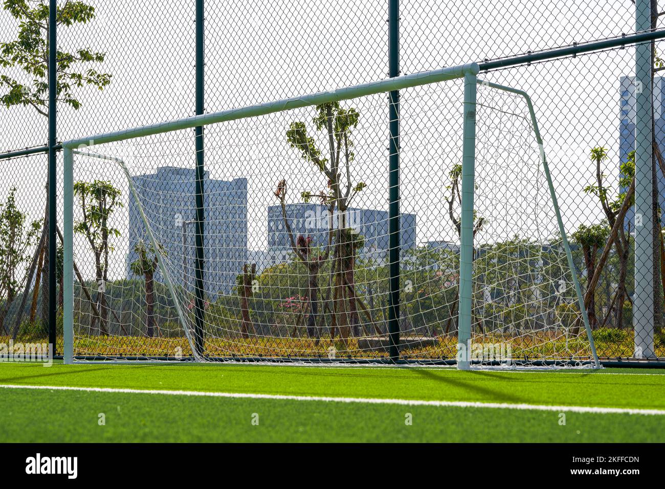Closeup of the goal and touchline of a brand new football stadium Stock Photo Alamy