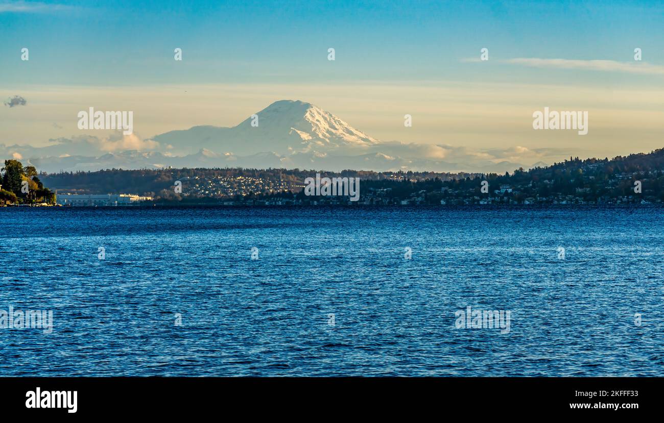 Seattle Mount Rainer Park A view of Mount Rainier from Seward Park in Seattle, Washington Stock ...