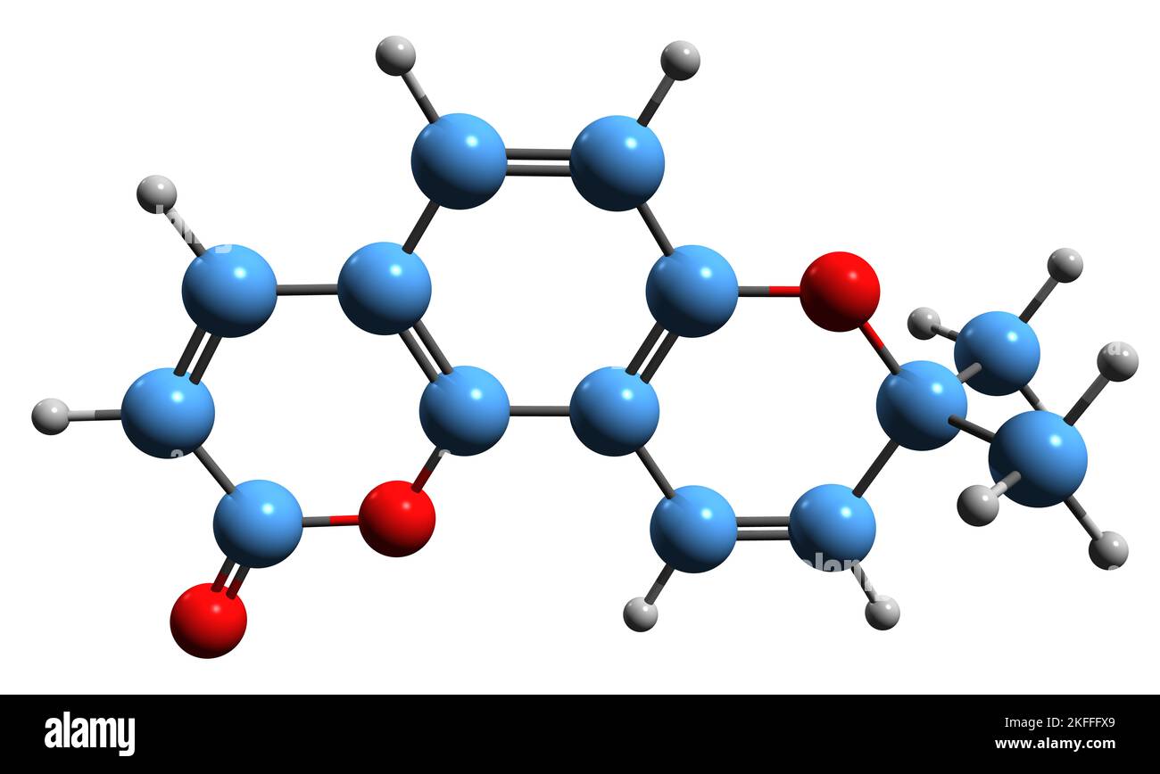 3D image of  Braylin skeletal formula - molecular chemical structure of Zanthoxylum Coumarin isolated on white background Stock Photo