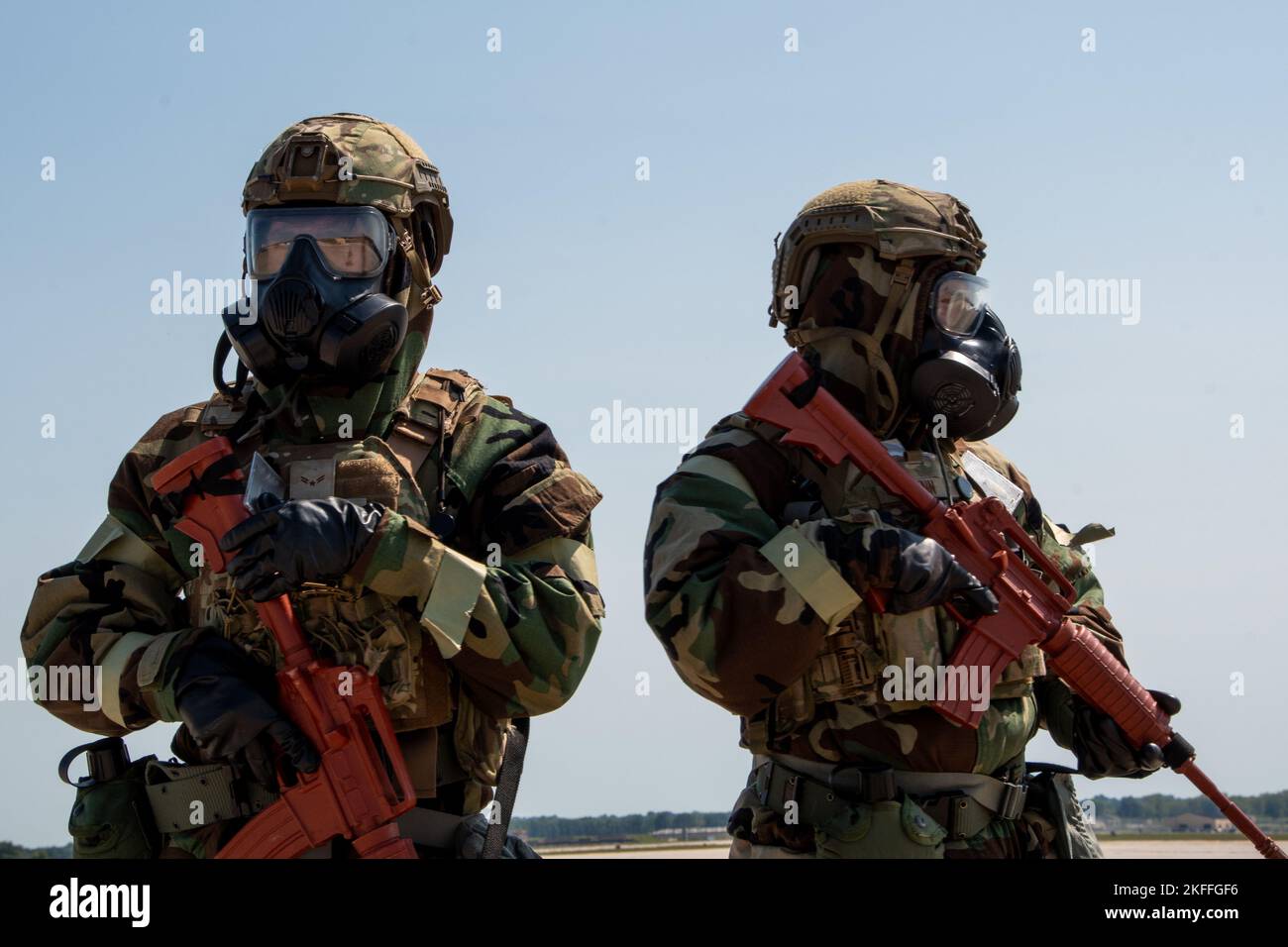 U.S. Air Force 509th Bomb Wing Security Forces members secure the area during a Chemical, Biological, Radiological, Nuclear exercise at Whiteman Air Force Base, Missouri, Sept. 14, 2022. Airmen participate in CBRN and other training exercises to deter and win against adversaries . Stock Photo