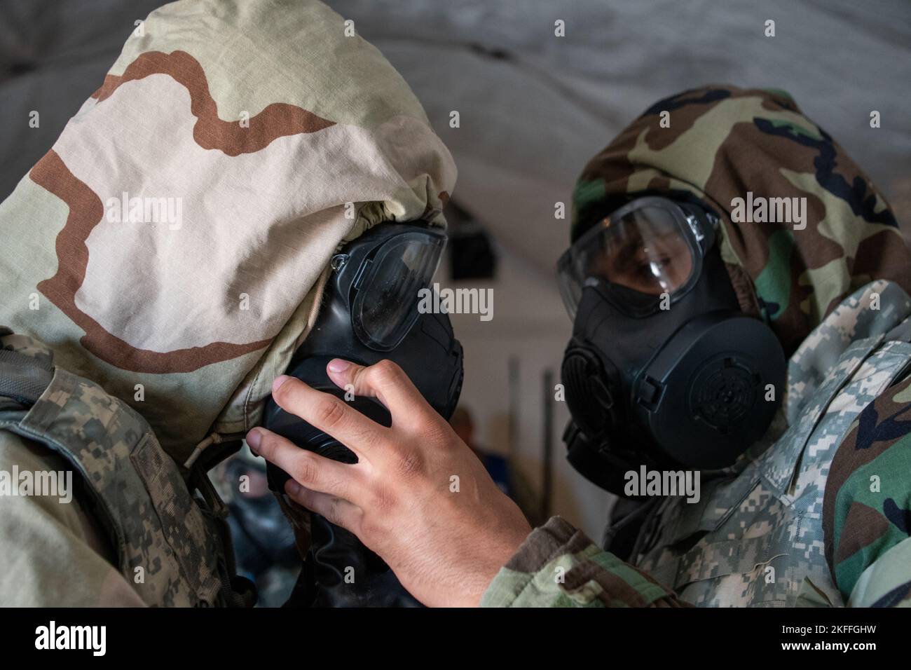 U.S. Air Force 509th Bomb Wing Security Forces members check equipment during a Chemical, Biological, Radiological, Nuclear exercise at Whiteman Air Force Base, Missouri, Sept. 14, 2022. Airmen routinely check their CBRN equipment to validate its operability. Stock Photo