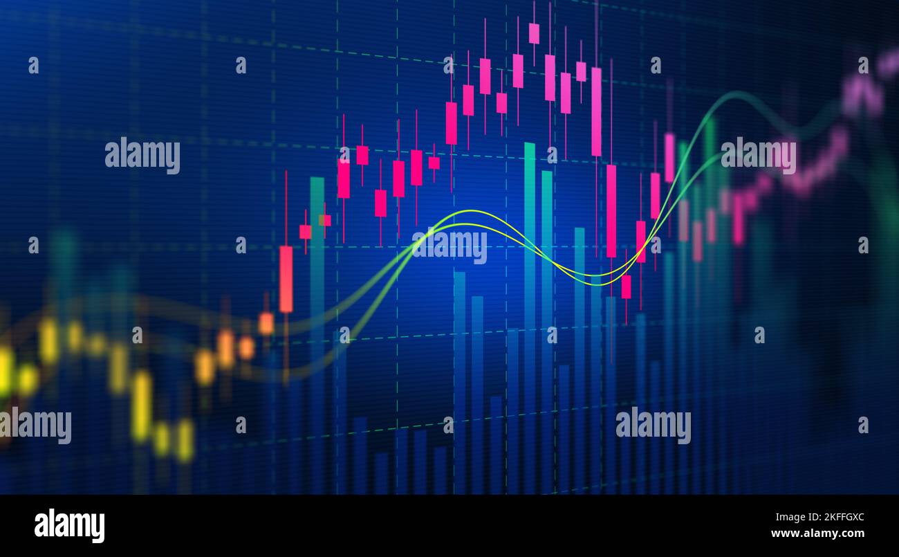 Stock graph and chart with business candlestick. Financial static analysis with growing financial charts. Online trading, Investment, Strategy market Stock Photo