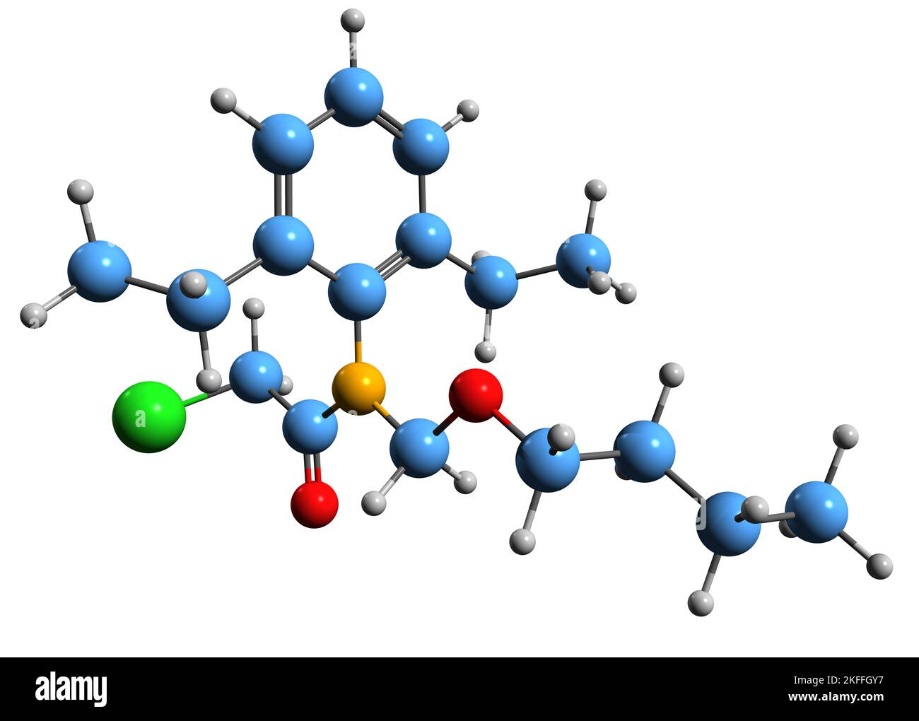 3D image of Butachlor skeletal formula - molecular chemical structure of  acetanilide  pre-emergent  herbicide isolated on white background Stock Photo