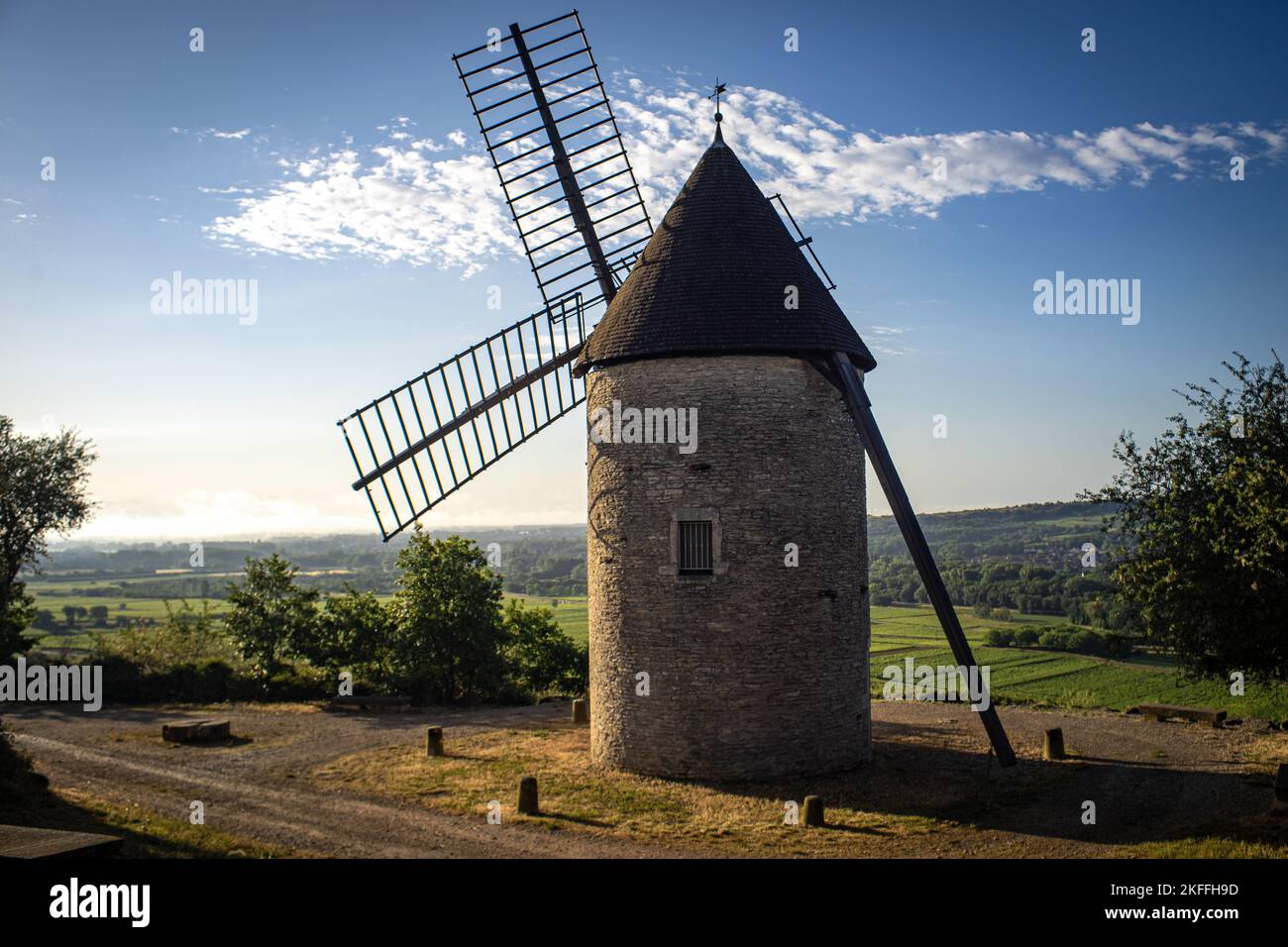 An aerial shot of a windmill surrounded by green plants under the blue sky in summer Stock Photo