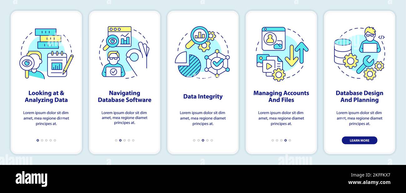 Data management skills onboarding mobile app screen Stock Vector