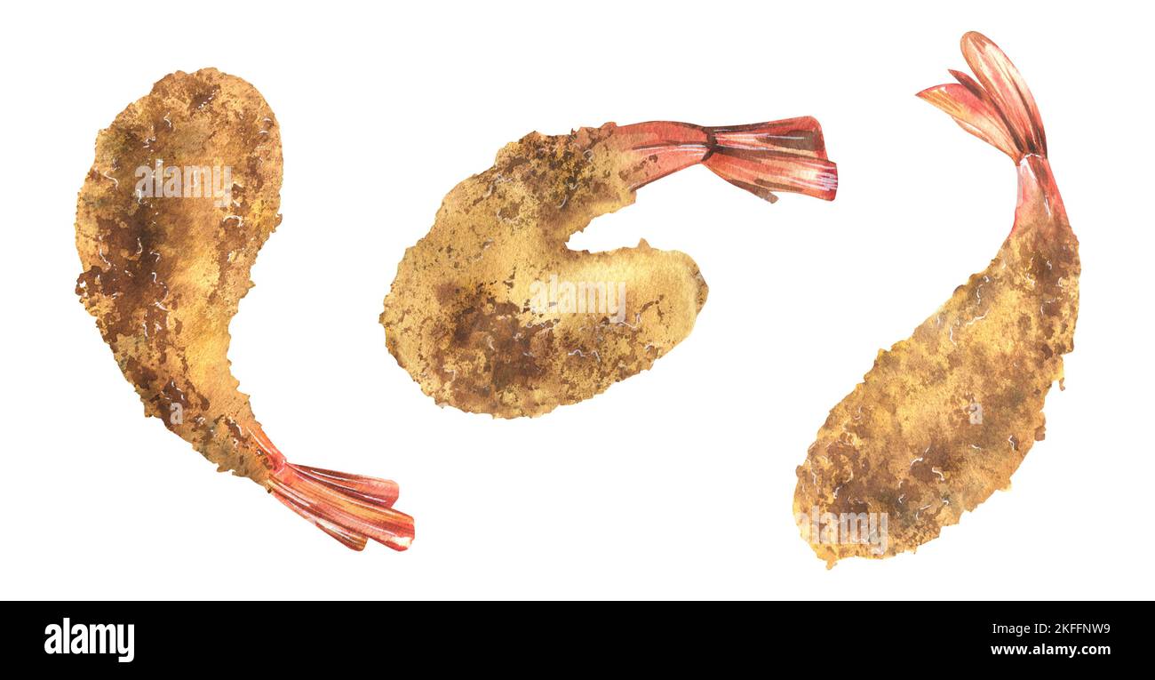 Shrimp cooked in batter, tempura. Three different, isolated objects