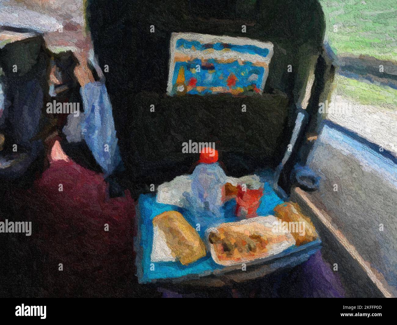 Hand drawn abstract painting on canvas with color texture of Luxury lunch inside first class train with magazine newspaper for travelers - organic exclusive first class lunch Stock Photo