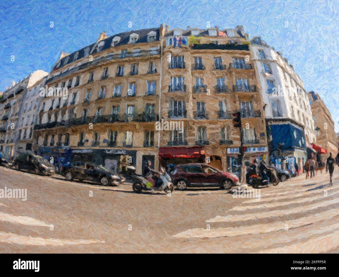 Hand drawn abstract painting on canvas with color texture of Ultra wide angle view of French haussmannian building on Rue de Dunkerque street in the heart of Paris Stock Photo