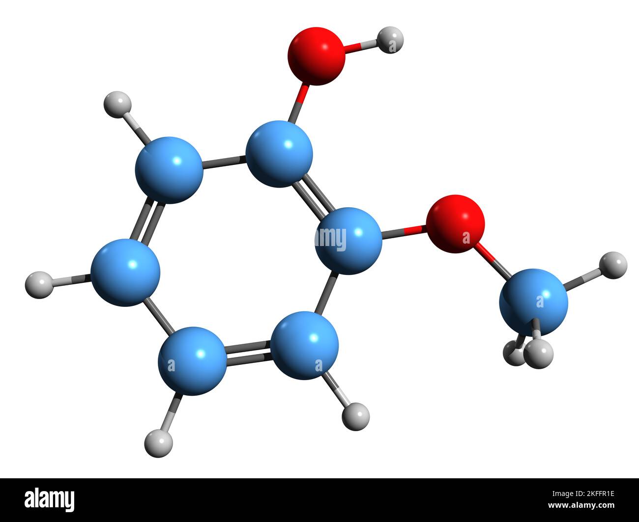 3D image of Guaiacol skeletal formula - molecular chemical structure of 2-Methoxyphenol isolated on white background Stock Photo