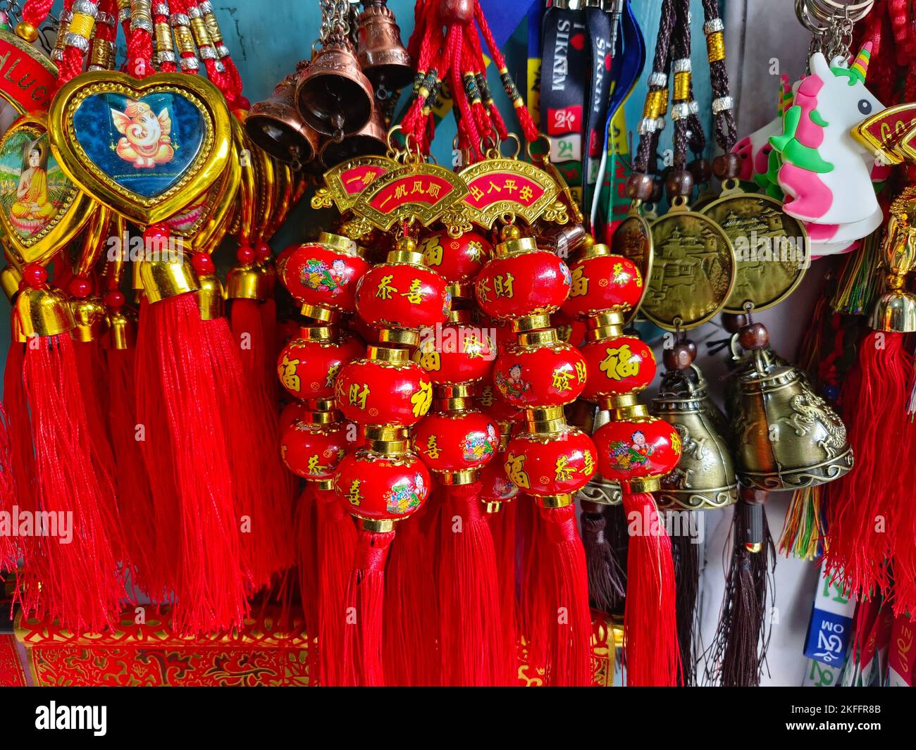 17 June 2022, Sikkim, India, Collection of colourful keychain