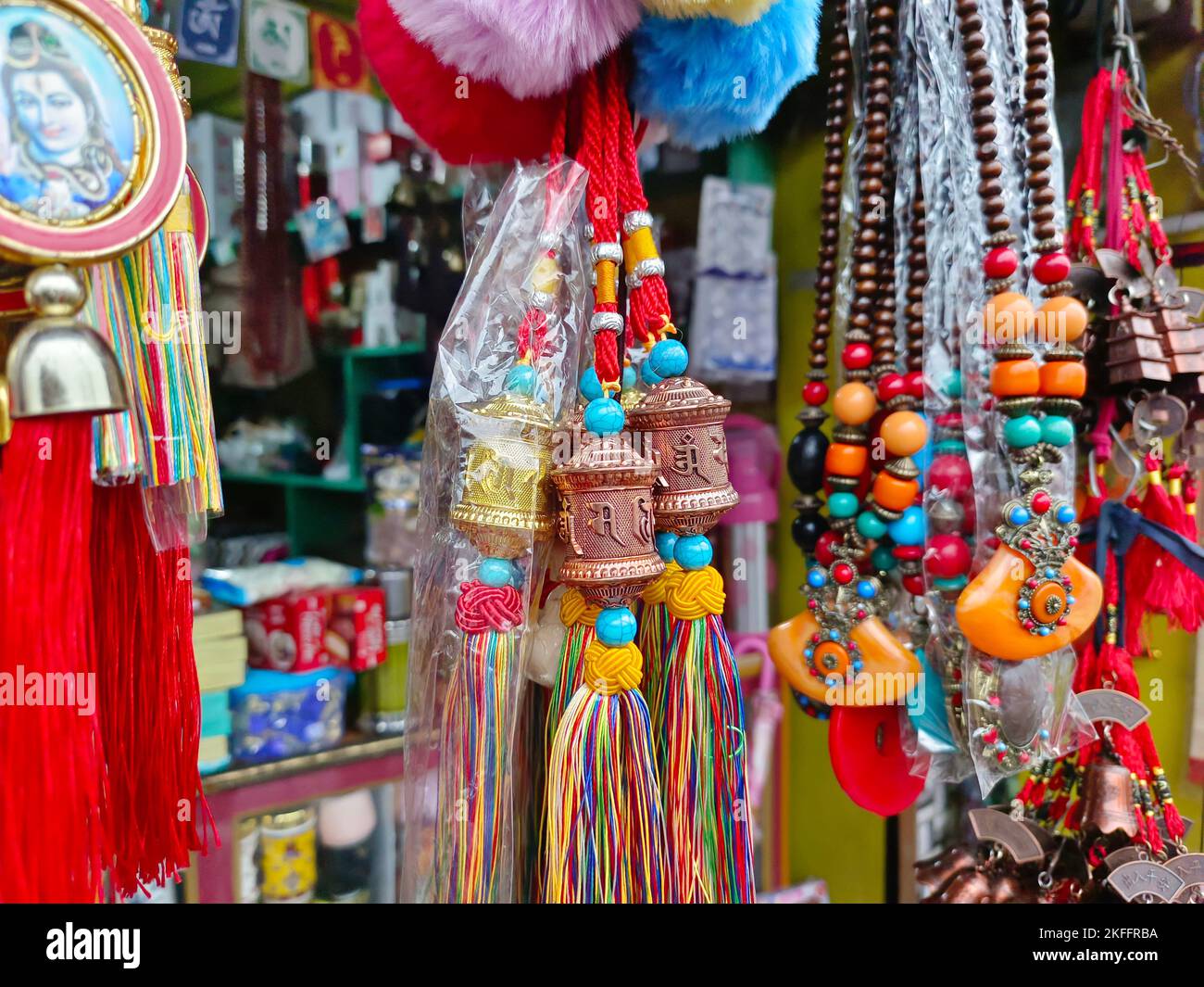 17 June 2022, Sikkim, India, Collection of colourful keychain