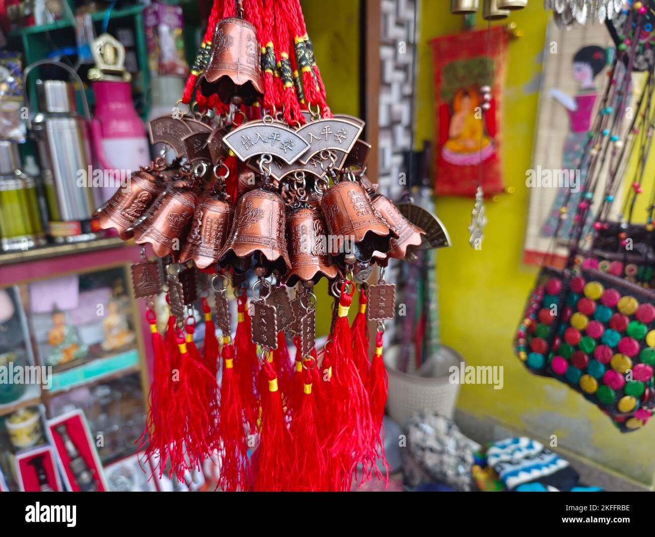 17 June 2022, Sikkim, India, Collection of colourful keychain