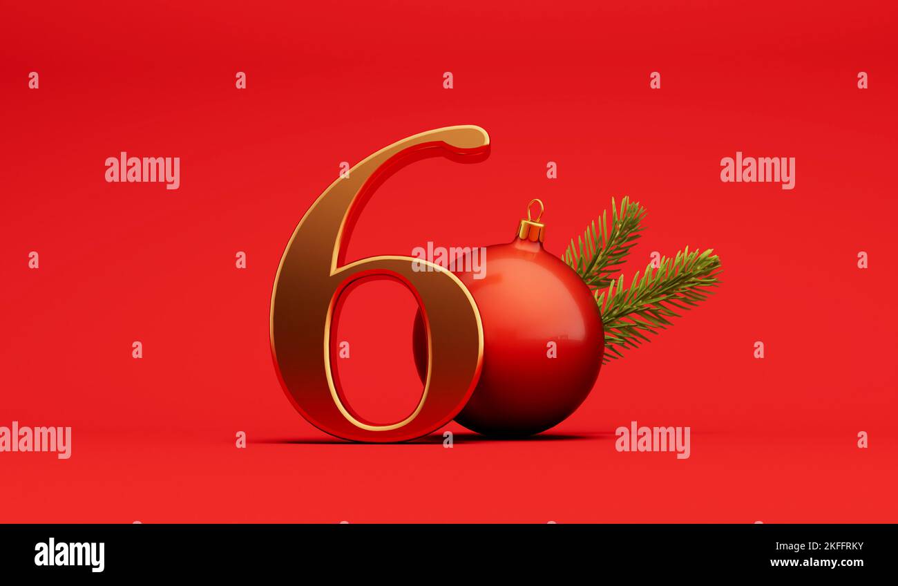 The 12 days of christmas. 6th day festive background gold lettering with bauble. 3D Rendering Stock Photo