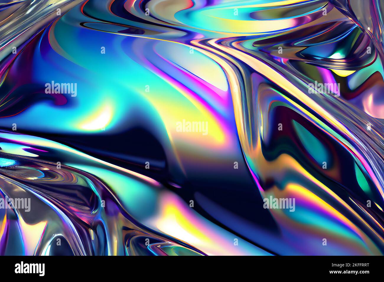 3d Liquid wavy chrome metal surface with colorful chromatic neon lights ...
