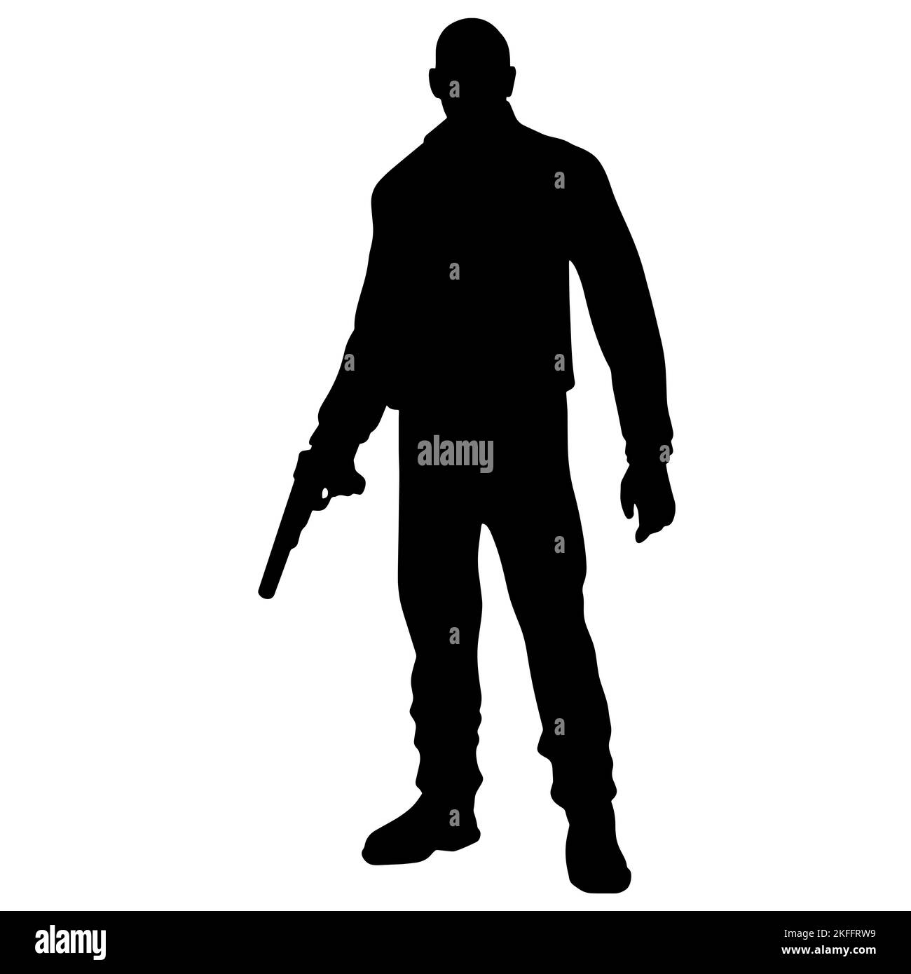 Black and white silhouette of a soldier with a weapon. A special forces soldier aims and shoots a rifle or a machine gun at the enemy Stock Photo