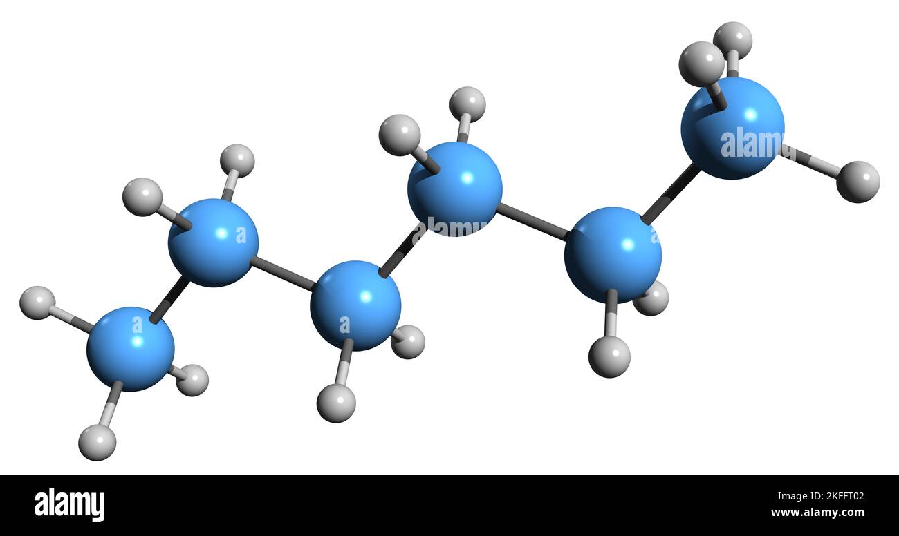 3D image of Hexane skeletal formula - molecular chemical structure of hexacarbane isolated on white background Stock Photo