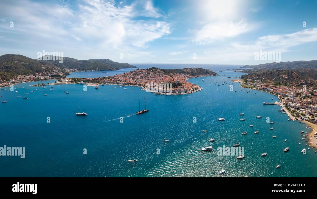 Aerial view of the bay and town of Poros island Stock Photo