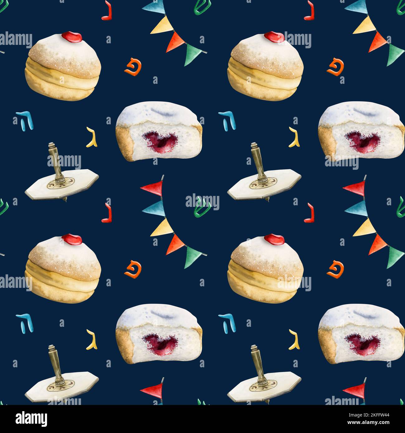 Hand drawing Hanukkah seamless pattern on dark blue background with traditional symbols. Donuts, dreidels, flags and Hebrew letters Stock Photo