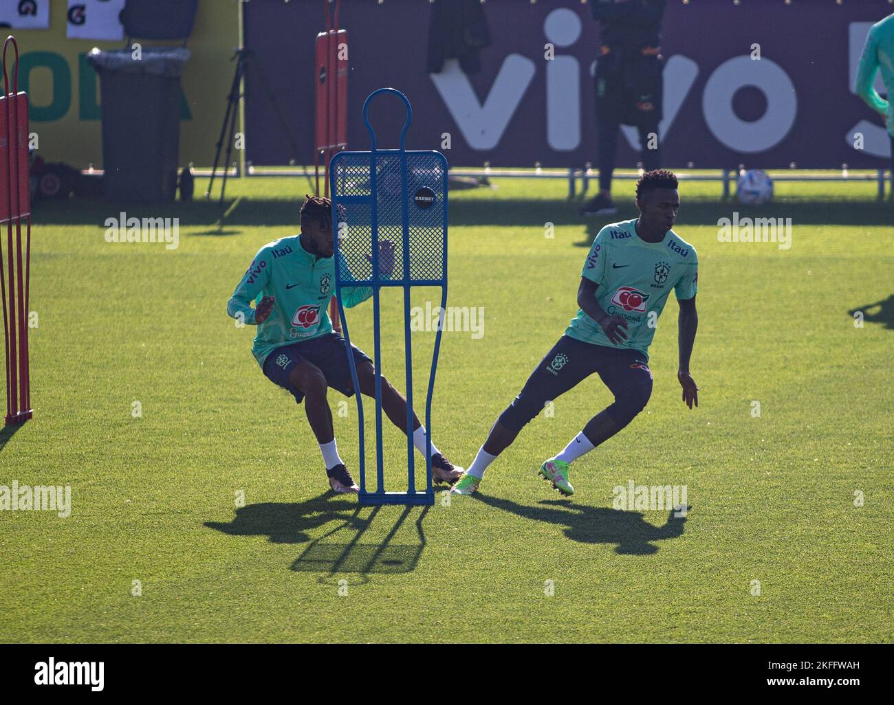 Turin, Italy, 18/11/2022, Fred of Brazil and Vinicius Jr of Brazil during Brazil National football team trainings before the finale stage of the World Cup 2022 in Qatar, at Juventus Training Center, 18 November 2022, Turin, Italy. Photo Nderim Kaceli Stock Photo