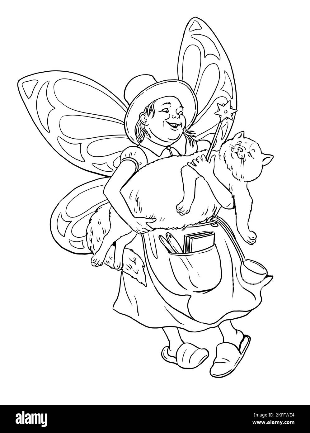 Funny flying fairy with the fat cat. Coloring page with the magician. Coloring template with wizard. Stock Photo