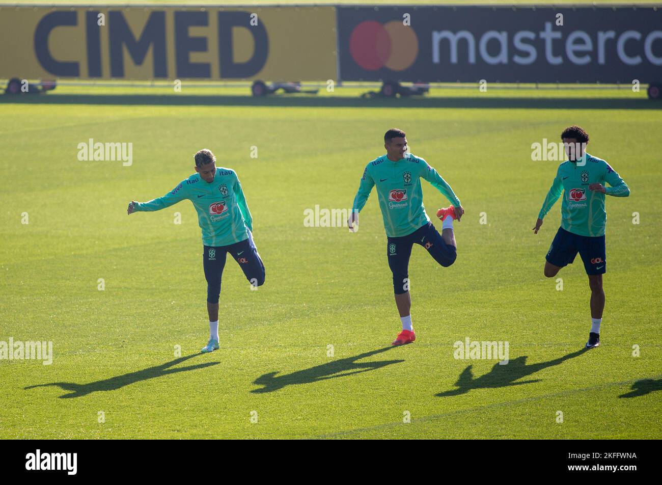 Marquinhos of Brazil and Thiago Silva of Brazil and Raphinha of Brazil during Brazil National football team trainings before the finale stage of the World Cup 2022 in Qatar, at Juventus Training Center, 18 November 2022, Turin, Italy. Photo Nderim Kaceli Stock Photo