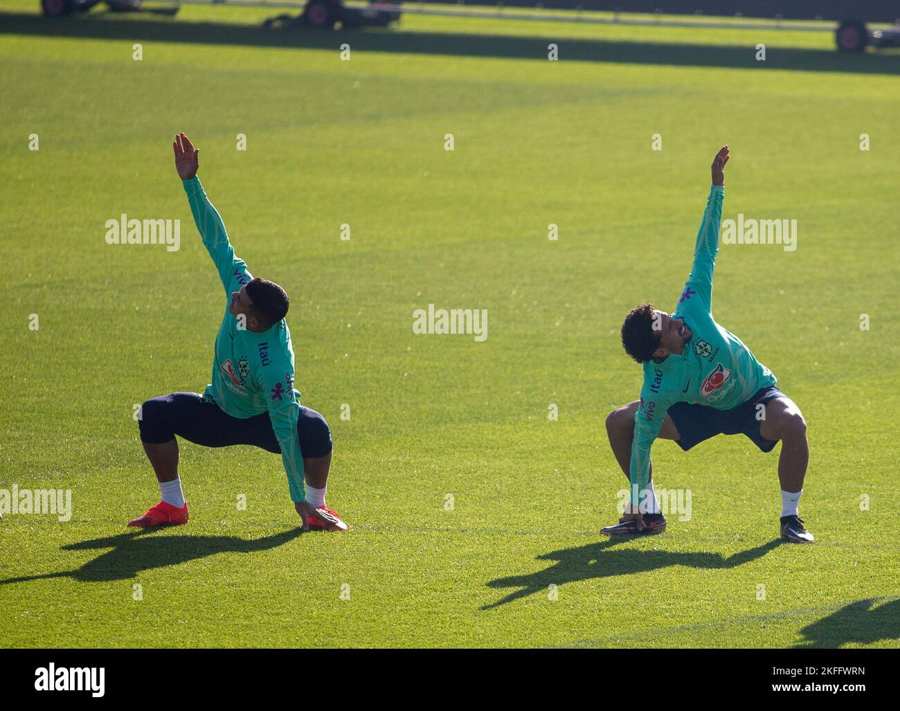 Marquinhos of Brazil and Thiago Silva of Brazil during Brazil National football team trainings before the finale stage of the World Cup 2022 in Qatar, at Juventus Training Center, 18 November 2022, Turin, Italy. Photo Nderim Kaceli Stock Photo