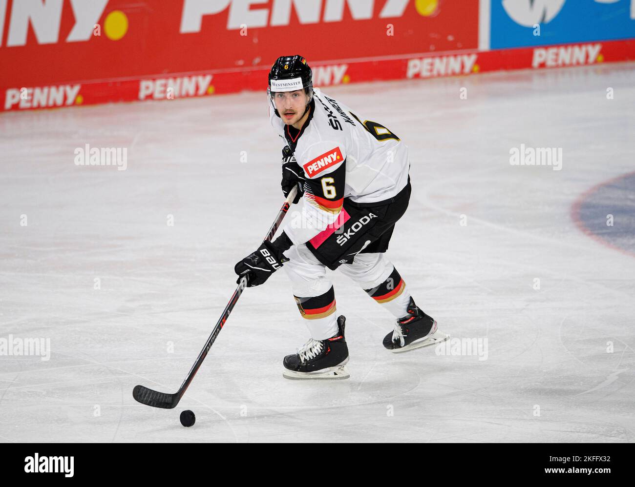 Julius KARRER (GER) Action, Germany (GER) - Slovakia (SVK), on 11/13/2021. Ice Hockey Germany Cup from 10.11. - 13.11.2022 in Krefeld/ Germany. Stock Photo