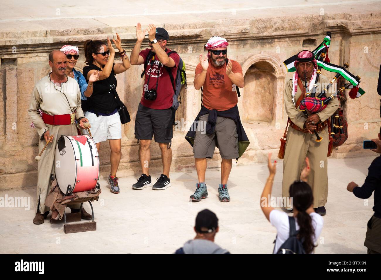 Jerash, Jordan November 7, 2022 Jordanian bagpipe players in the roman theatre of the