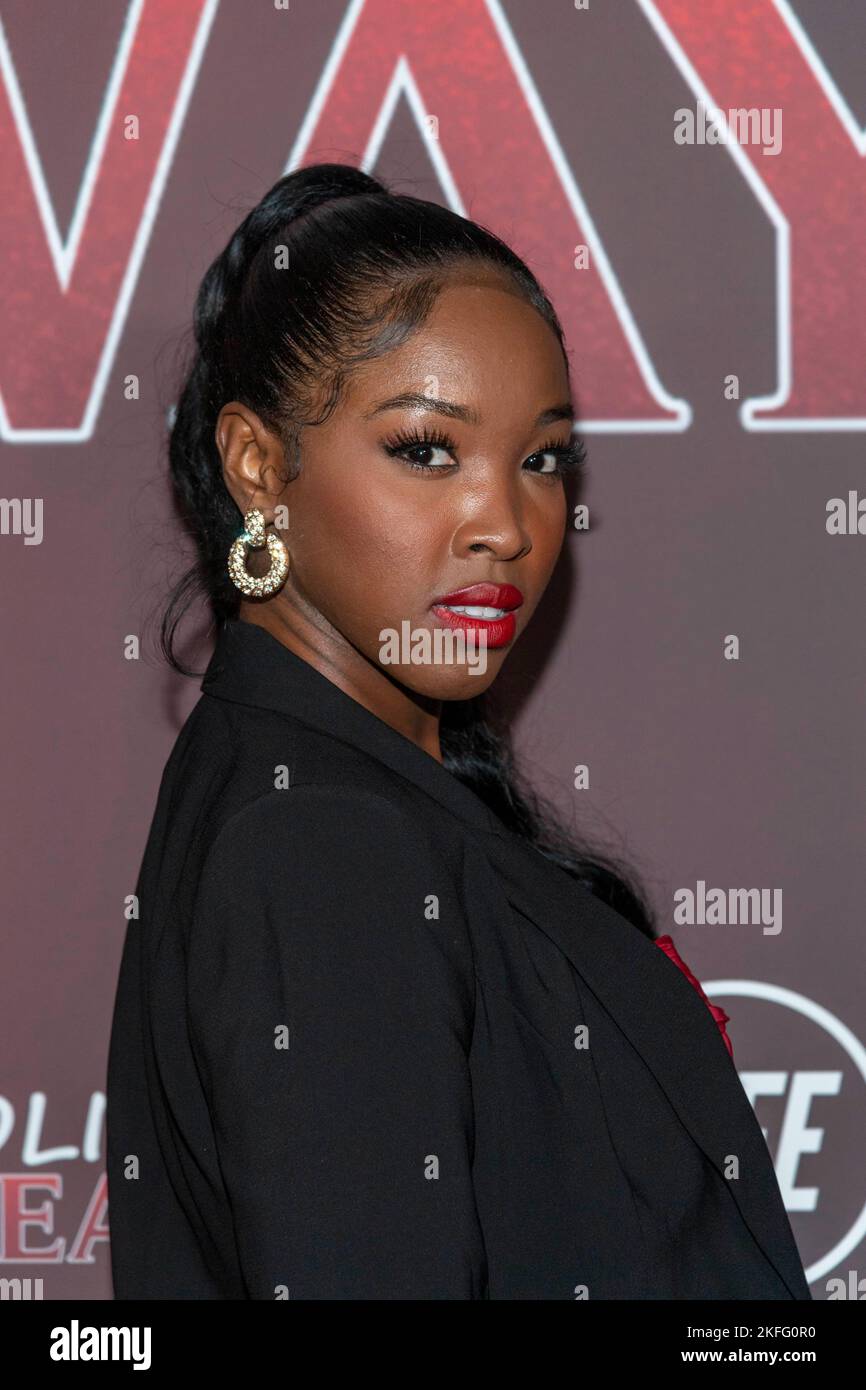 Aeja Lee attends BET+ "Holiday Hideaway" Los Angeles Premiere at Miracle Theater, Inglewood, CA