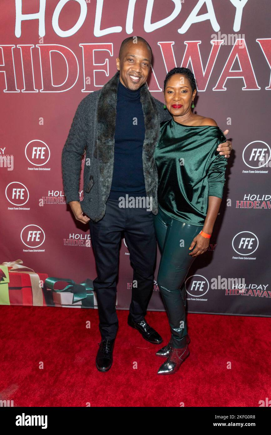J. August Richards, Shelley Robertson attend BET+ 'Holiday Hideaway' Los Angeles Premiere at Miracle Theater, Inglewood, CA on November 17, 2022 Stock Photo