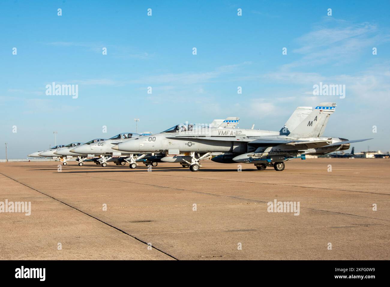 Marines attached to Marine Fighter Attack Squadron (VMFA) 112, Marine Aircraft Group 41, 4th Marine Aircraft Wing, await takeoff in F/A-18C Hornets at Naval Air Station Joint Reserve Base Fort Worth, Texas, Sept. 15, 2022. VMFA-112 is participating in a joint long-range strike exercise with Marine Aerial Refueler Transport Squadron (VMGR) 234, VMFA-225, Marine Fighter Training Squadron (VMFT) 401 and U.S. Air Force 513th Operations Support Squadron. This large force exercise demonstrates MAG-41's ability to project long-range strike capability and integrate with the Marine Corps' active compon Stock Photo