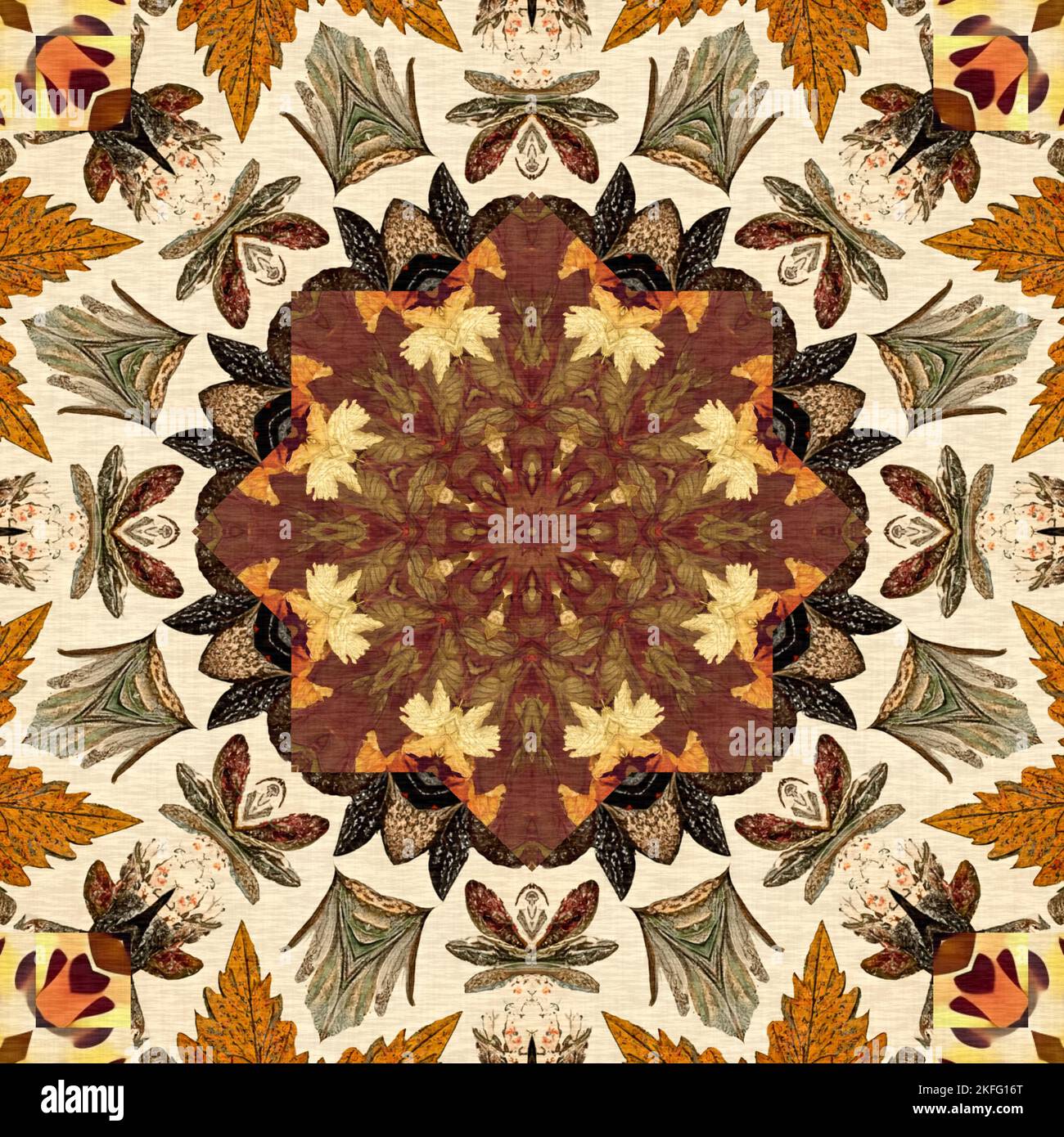 Autumn leaves woodland seamless pattern. Brown retro kaleidoscopic ...