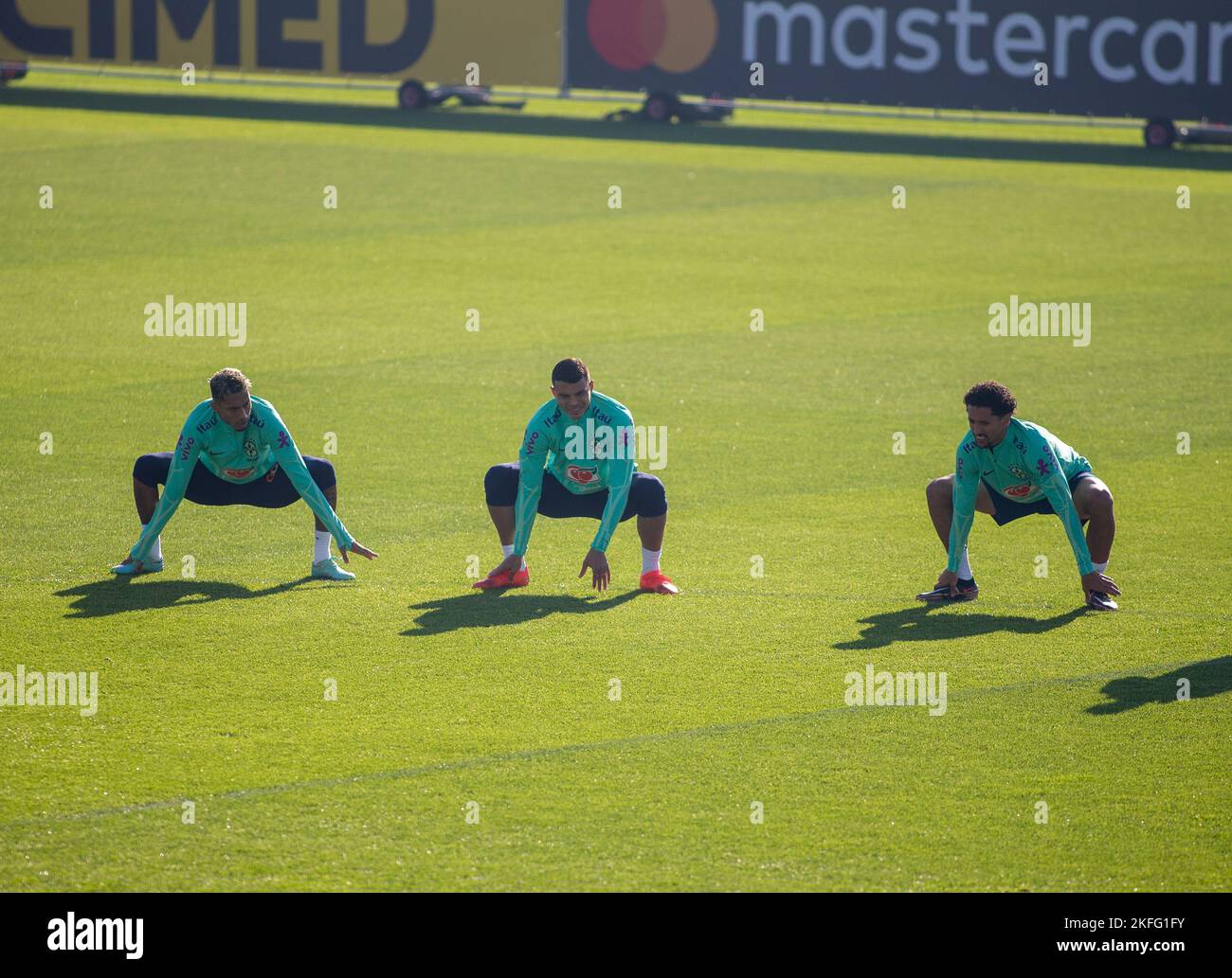 Turin, Italy. 18th Nov, 2022. Marquinhos of Brazil and Thiago Silva of Brazil and Raphinha of Brazil during Brazil National football team trainings before the finale stage of the World Cup 2022 in Qatar, at Juventus Training Center, 18 November 2022, Turin, Italy. Photo Nderim Kaceli Credit: Independent Photo Agency/Alamy Live News Stock Photo