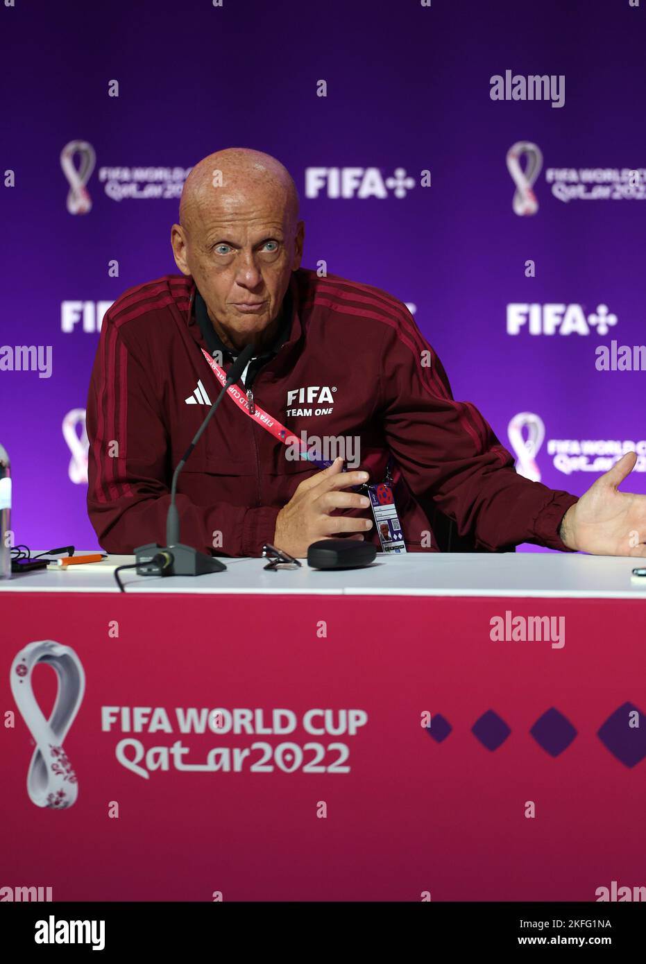 Doha, Qatar. 18th Nov, 2022. Pierluigi Collina, chairman of the FIFA Referees Committee, speaks during a media briefing at 2022 Qatar World Cup Main Media Centre in Doha, Qatar, Nov. 18, 2022. Credit: Jia Haocheng/Xinhua/Alamy Live News Stock Photo