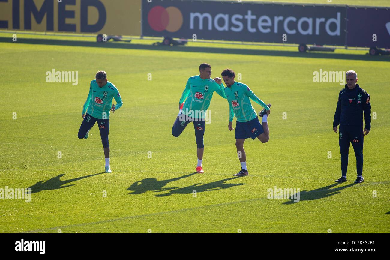 Turin, Italy. 18th Nov, 2022. Marquinhos of Brazil and Thiago Silva of Brazil during Brazil National football team trainings before the finale stage of the World Cup 2022 in Qatar, at Juventus Training Center, 18 November 2022, Turin, Italy. Photo Nderim Kaceli Credit: Independent Photo Agency/Alamy Live News Stock Photo