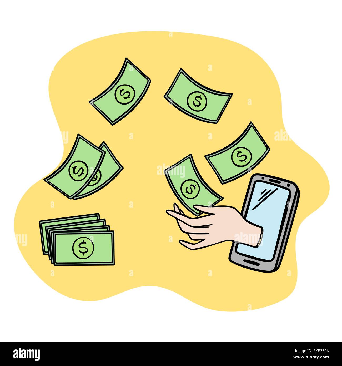 FLYING DOLLARS AND SMARTPHONE Online E-Commerce Internet Sells Store For Modern Crypto Network Technology Trade Marketplace With Non-fungible Token Mo Stock Vector