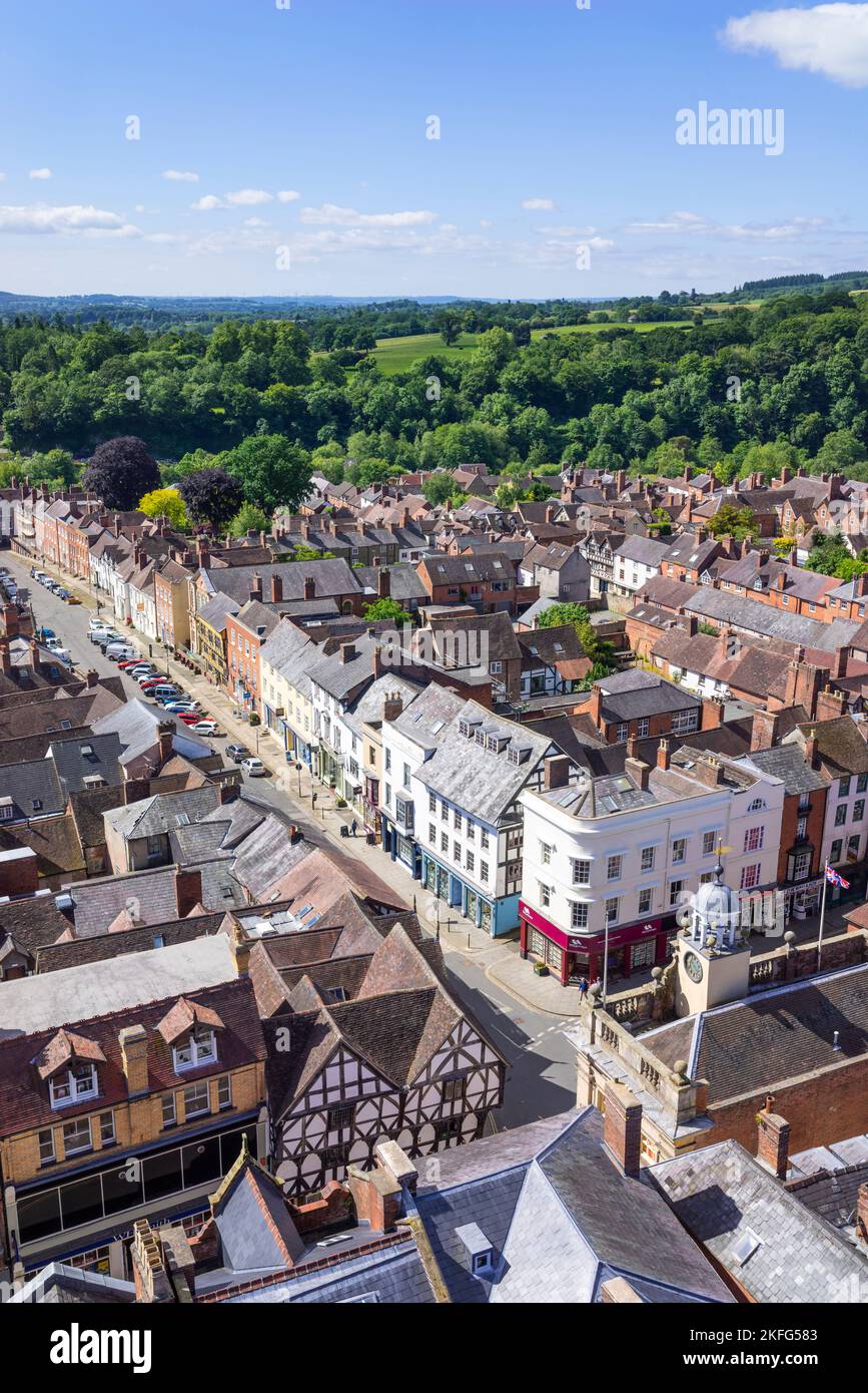 Ludlow Shropshire view down Broad street and the small market town centre with the medieval Buttercross Ludlow Shropshire England UK GB Europe Stock Photo